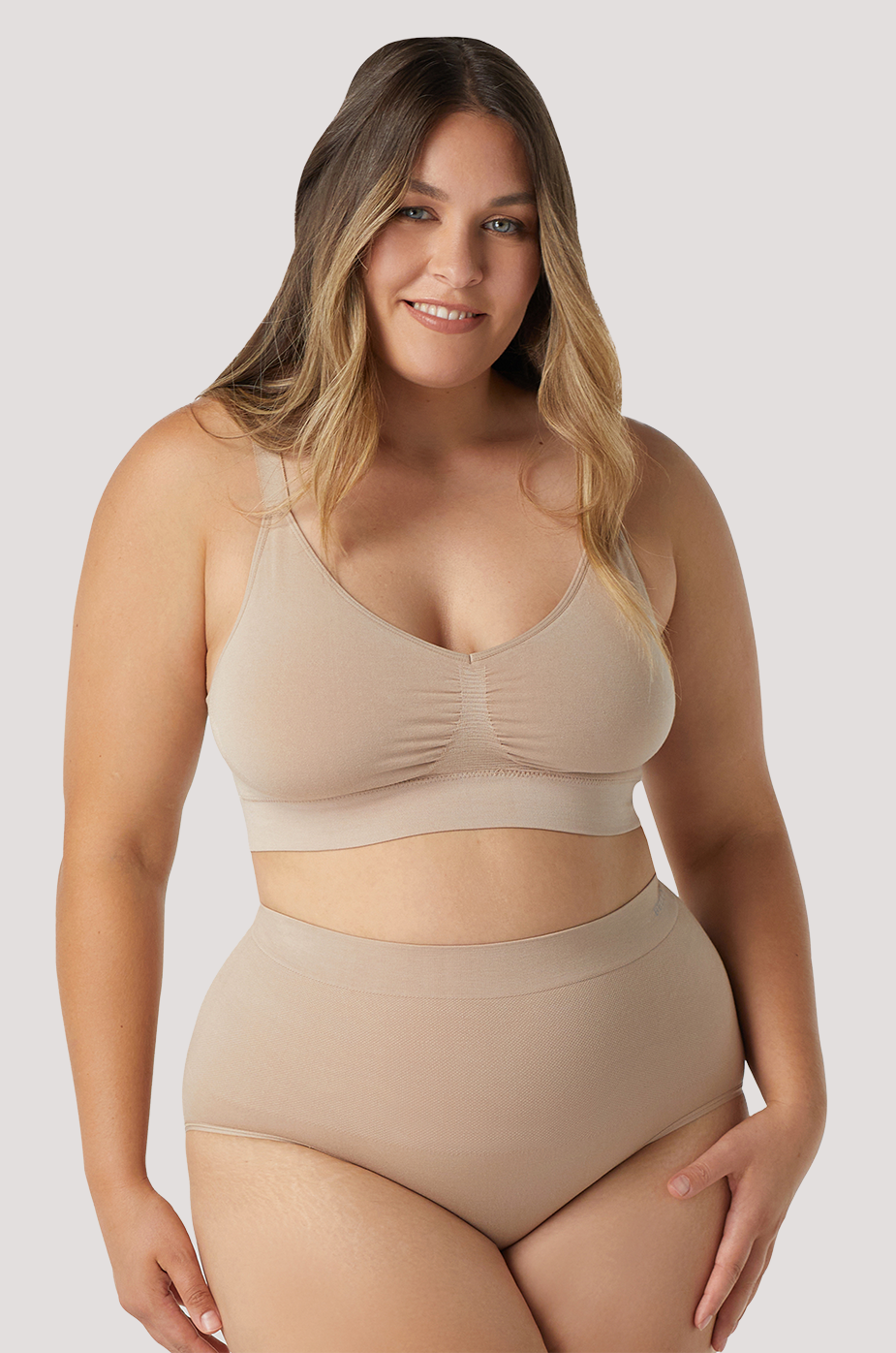 Bamboo Wire Free Crop Bra and Bamboo Firming High Waist Shapewear Underwear | Bella Bodies Australia | Sand