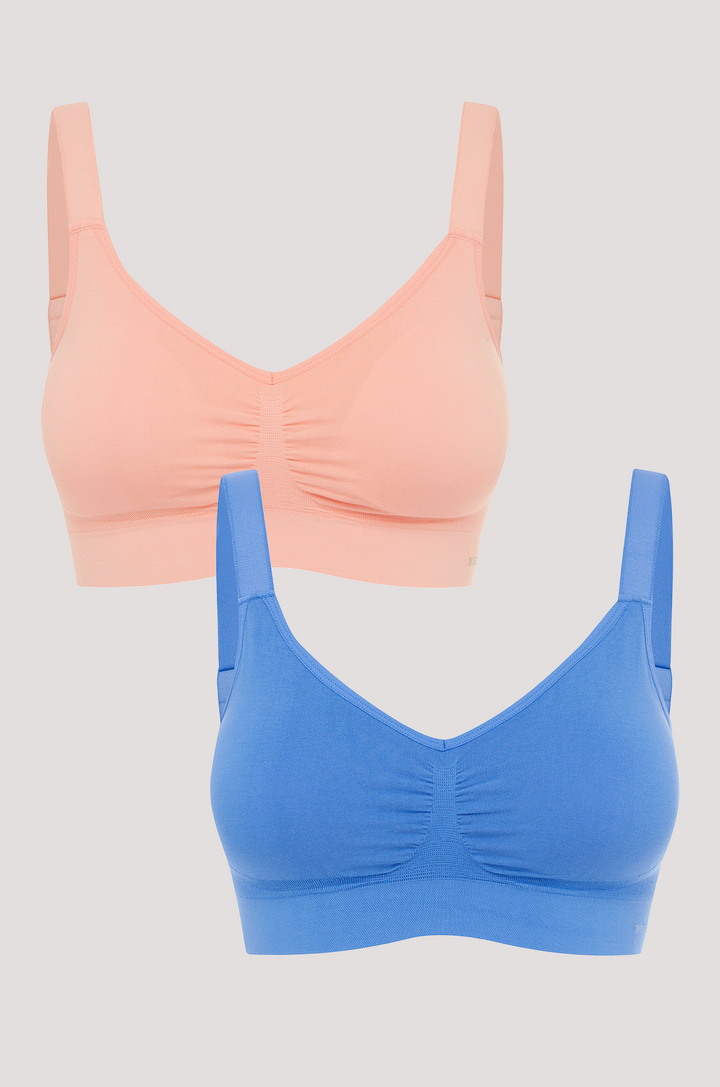 Bella Bamboo Women's Ultimate Adjustable Crop Bra Peach Cornflower Blue 2pk Front