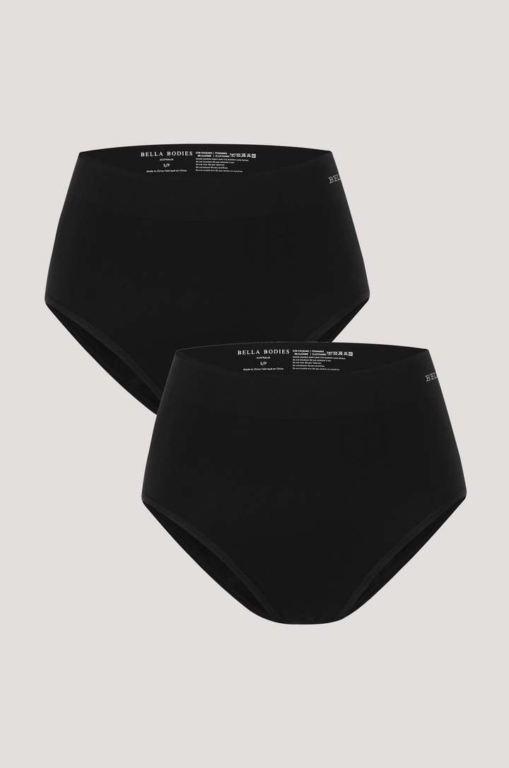 Women's High Waist, Full Coverage Underwear | 2 Pack | Bella Bodies Australia | Black and Black | Front