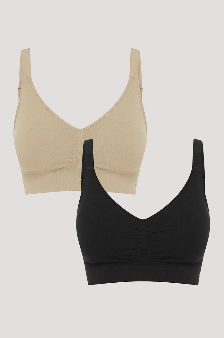 Women's Easy Fit Adjustable Bra in quick dry travel fabric | Black and Sand 2pk