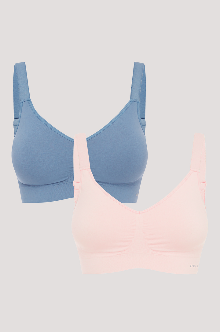 Women's Wireless Stretch Bra 2 pack | Bella Bodies Australia | Blue Slate, Pink Champagne | Front