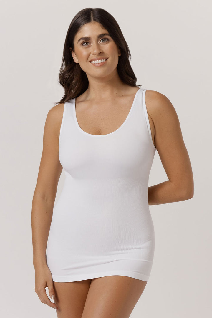 Women's comfortable Reversible Neckline, shaping and firming cami | Camyz Shapewear Smoothing Tank I Bella Bodies Australia I White | Front