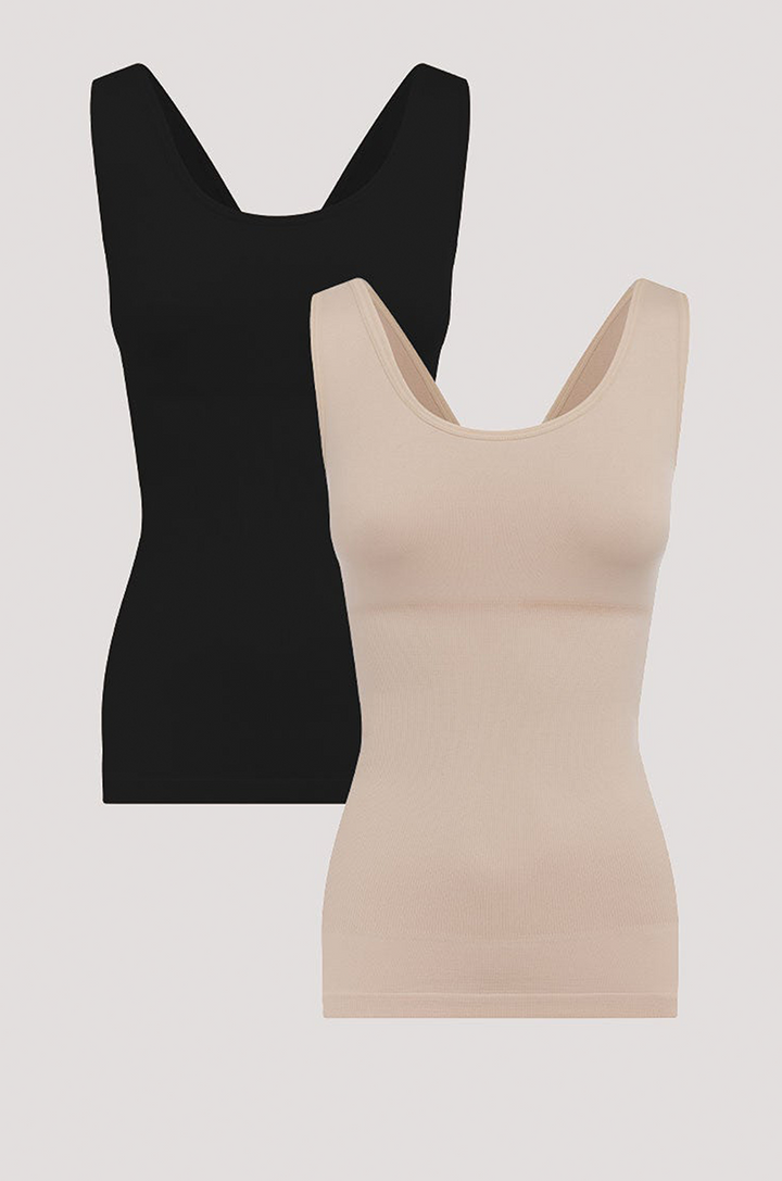 Women's comfortable Reversible Neckline, shaping and firming cami | Camyz Shapewear Smoothing Tank I Bella Bodies Australia I Black and Sand