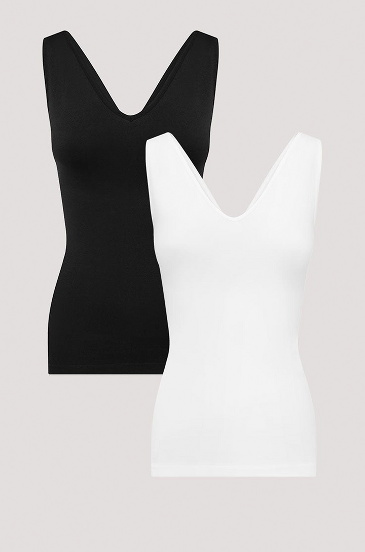 Women's comfortable Reversible Neckline, shaping and firming cami | Camyz Shapewear Smoothing Tank I Bella Bodies Australia I Black and White