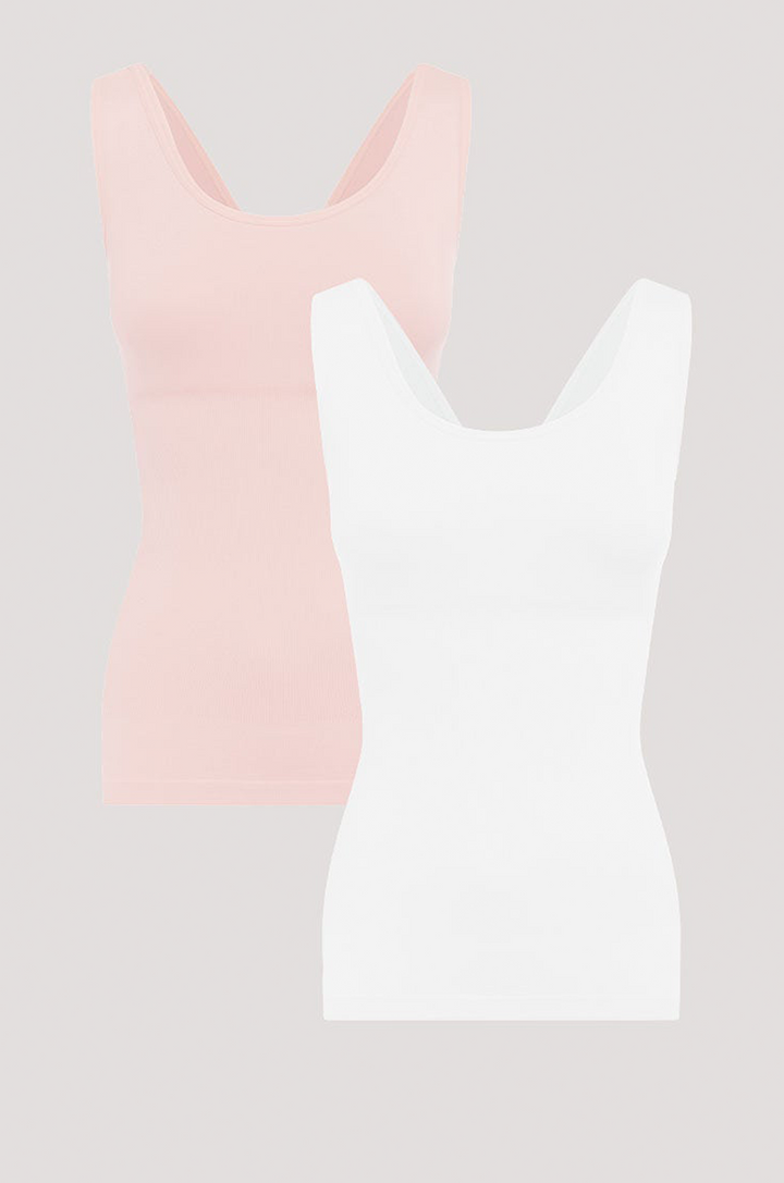 Women's comfortable Reversible Neckline, shaping and firming cami | Camyz Shapewear Smoothing Tank I Bella Bodies Australia I White and Pink Champagne 