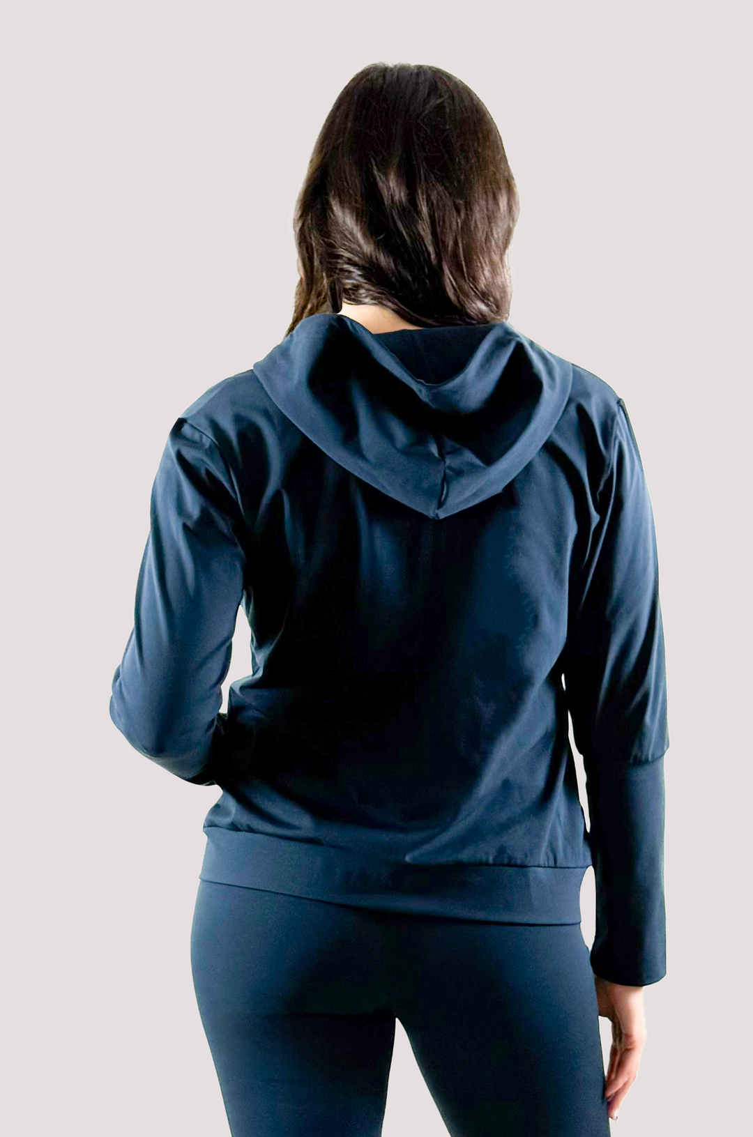 Active Lifestyle Elevated Hooded Jacket Blue Steel Navy Long Line Cuff Back