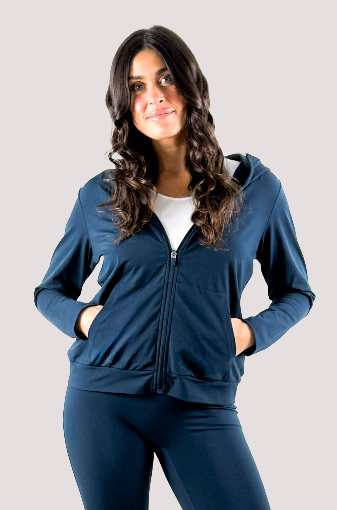 Active Lifestyle Elevated Hooded Jacket Blue Steel Navy Long Line Cuff Front