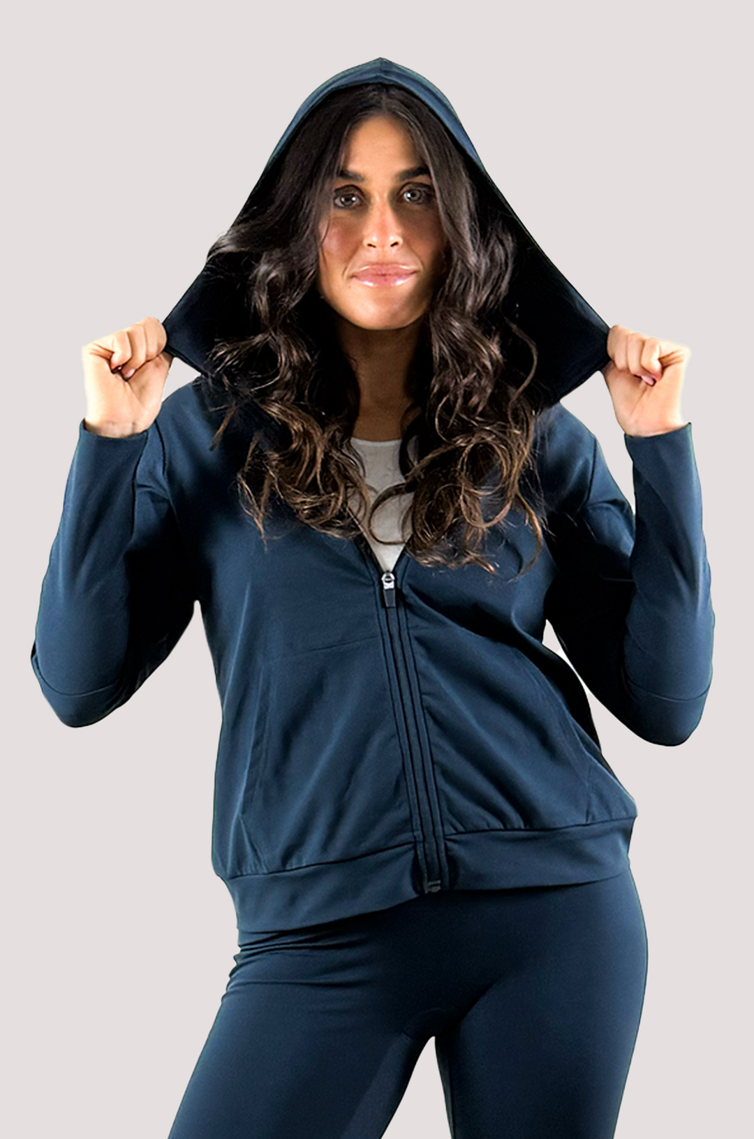 Active Lifestyle Elevated Hooded Jacket Blue Steel Navy Long Line Cuff Hoodie