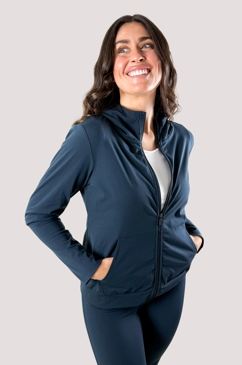 Active Lifestyle Elevated Hooded Jacket Blue Steel Navy Long Line Cuff Front