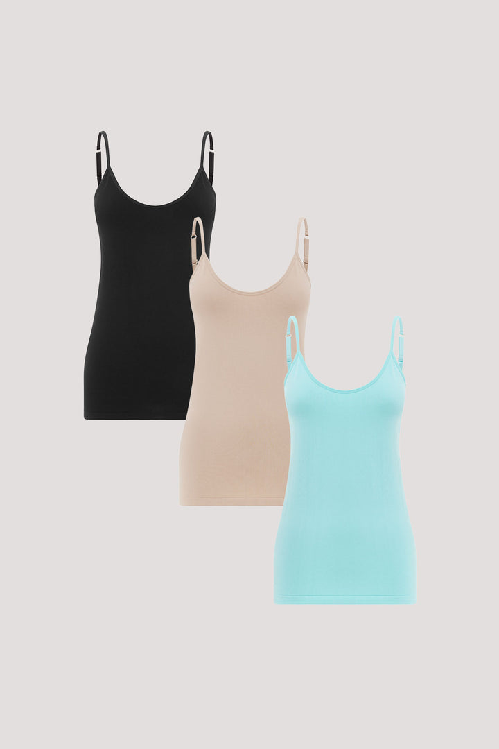 Women's Breathable Bamboo Cami | 3 pack | Bella Bodies Australia | Black, Sand and Ice Blue
