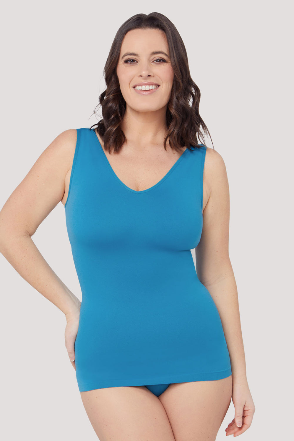 Women's comfortable Reversible Neckline, shaping and firming cami | Camyz Shapewear Smoothing Tank I Bella Bodies Australia I Blue Teal | Front