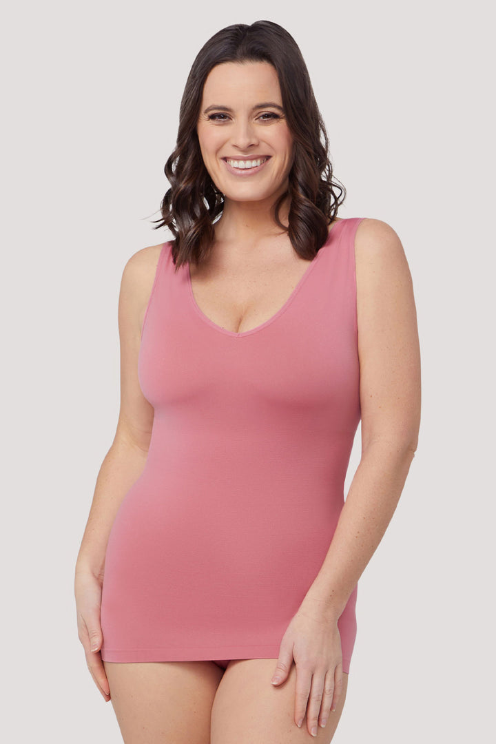 Women's comfortable Reversible Neckline, shaping and firming cami | Camyz Shapewear Smoothing Tank I Bella Bodies Australia I Rose Pink | Fron