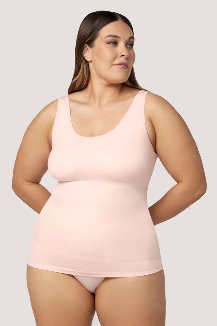 Women's comfortable Reversible Neckline, shaping and firming cami | Camyz Shapewear Smoothing Tank I Bella Bodies Australia I Pink Champagne | Front
