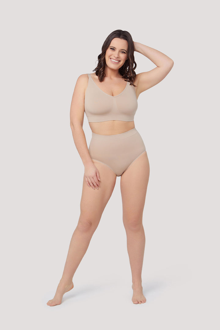 Wirefree Crop Bra and Matching Shapewear Underwear Set | 2 pack  | Bella Bodies Australia | Sand
