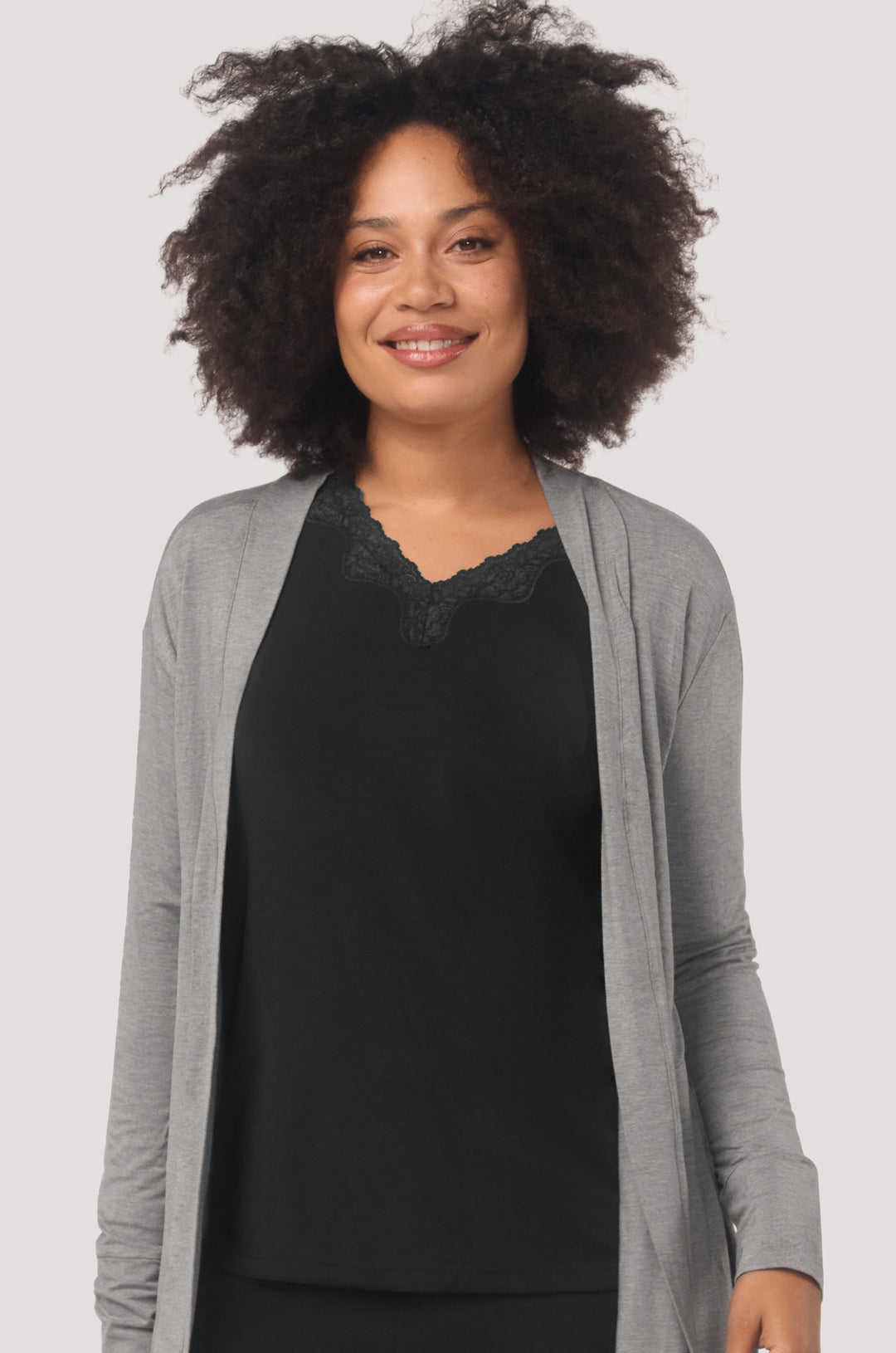 Bella Bodies Long Line Lounge Everyday Cardi Pockets Comfort Grey Marle Front
