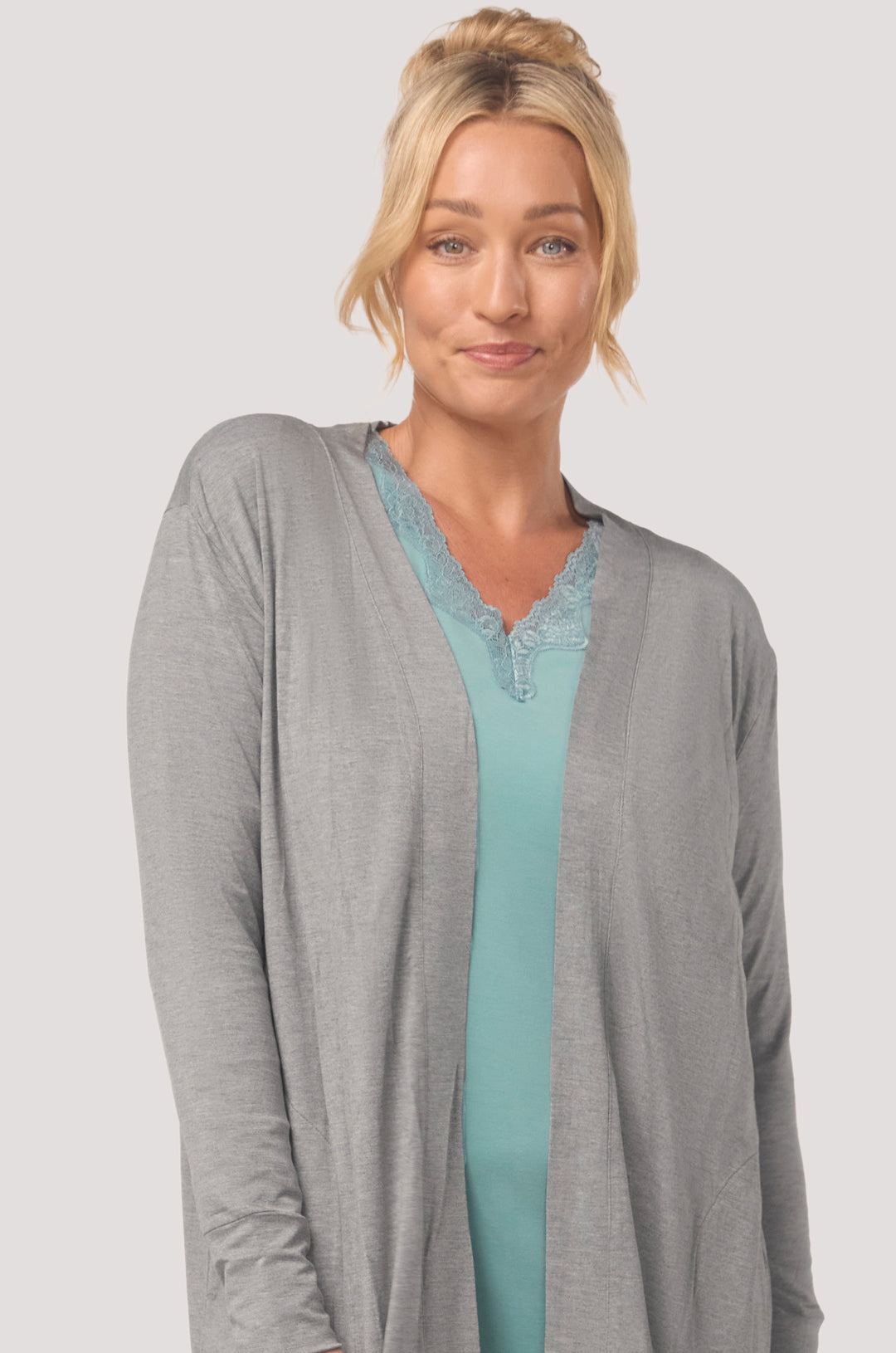Bella Bodies Long Line Lounge Everyday Cardi Pockets Comfort Grey Marle Front