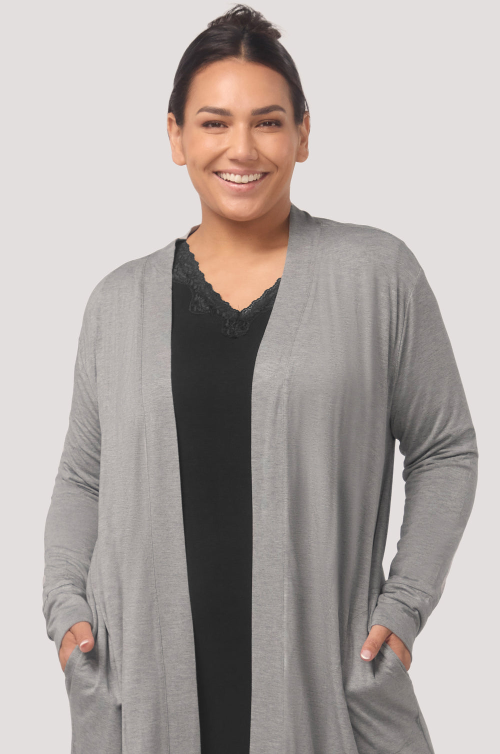 Bella Bodies Long Line Lounge Everyday Cardi Pockets Comfort Grey Marle Front