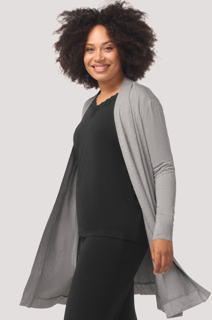 Bella Bodies Long Line Lounge Everyday Cardi Pockets Comfort Grey Marle Front Swing Flow