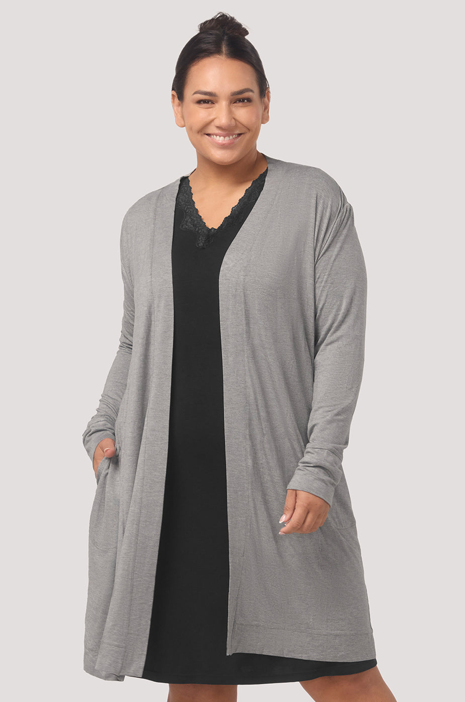 Bella Bodies Long Line Lounge Everyday Cardi Pockets Comfort Grey Marle Front Swing Flow