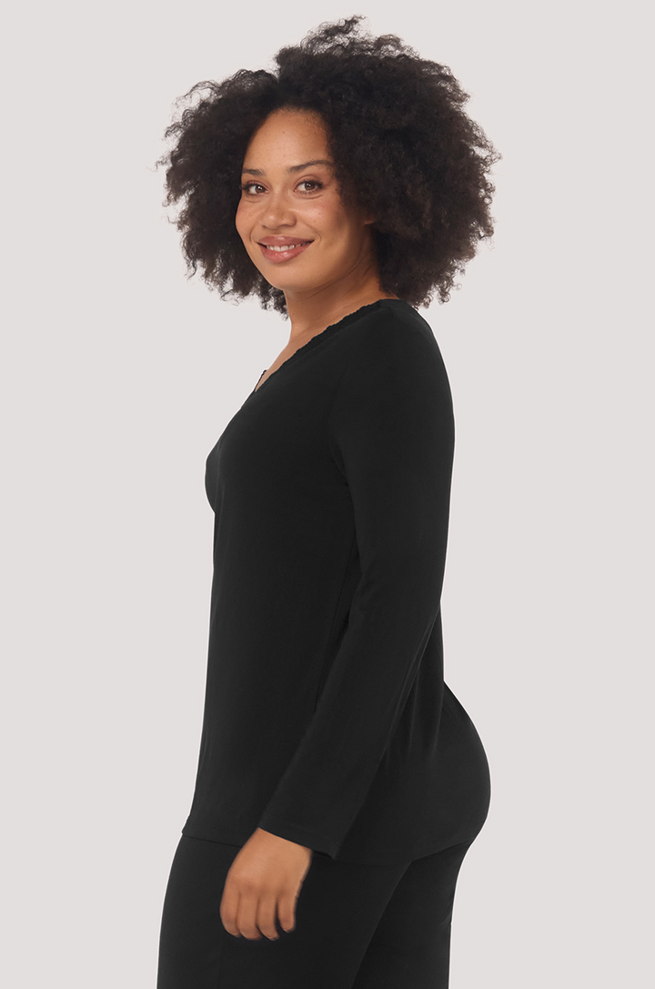 Bella Bodies Long sleeve silk-touch pyjama top Black  lace trim, long pyjama pants. Lenzing Modal and Silk