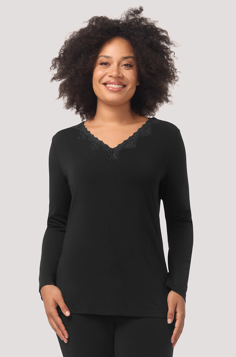 Bella Bodies Long sleeve silk-touch pyjama Black lace trim, long pyjama pants. Lenzing Modal and Silk