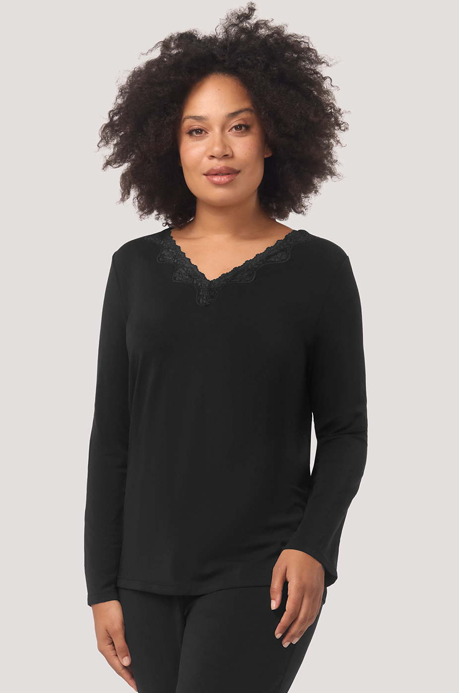 Bella Bodies Long sleeve silk-touch pyjama top Black lace trim, long pyjama pants. Lenzing Modal and Silk