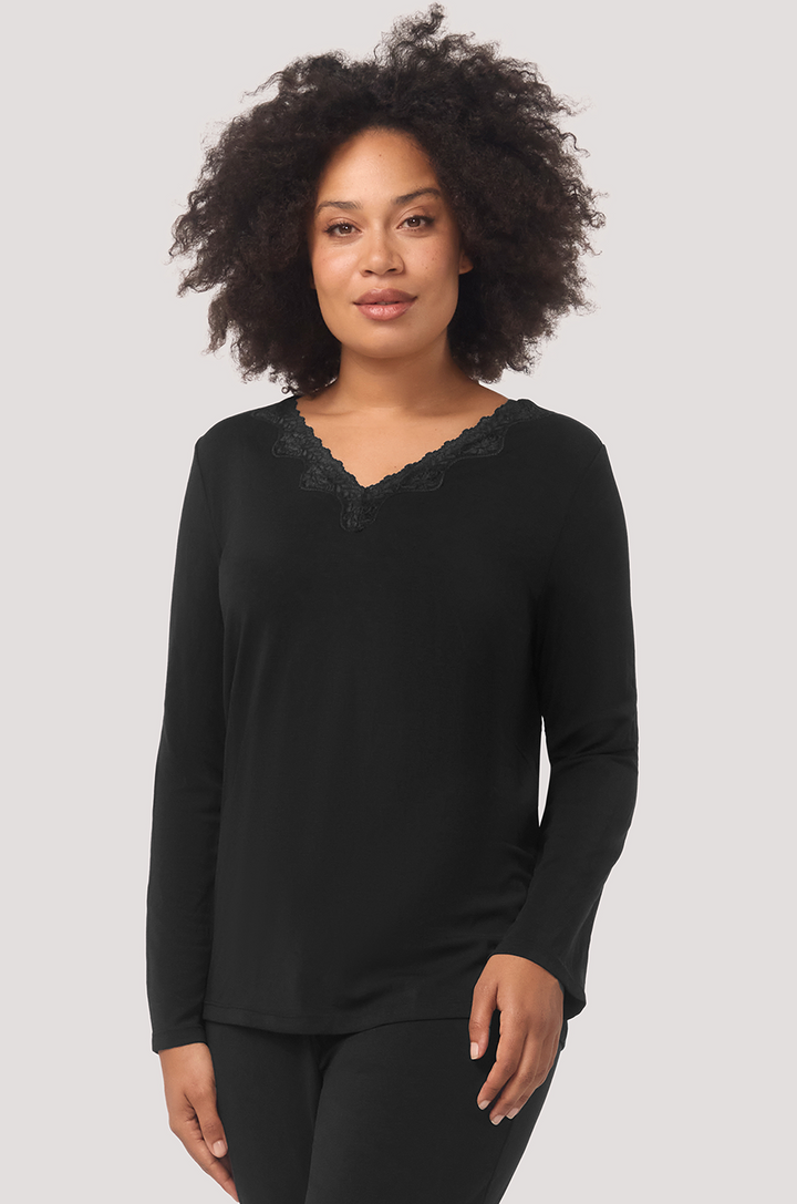 Bella Bodies Long sleeve silk-touch pyjama top Black lace trim, long pyjama pants. Lenzing Modal and Silk