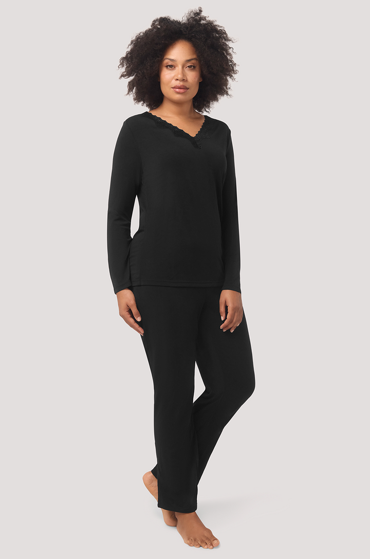 Bella Bodies Long sleeve silk-touch pyjama top Black lace trim, long pyjama pants. Lenzing Modal and Silk