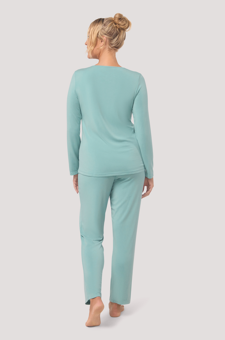 Bella Bodies long sleeve silk-touch pyjama Sea Jade lace trim, long pyjama pants. Lenzing Modal and Silk