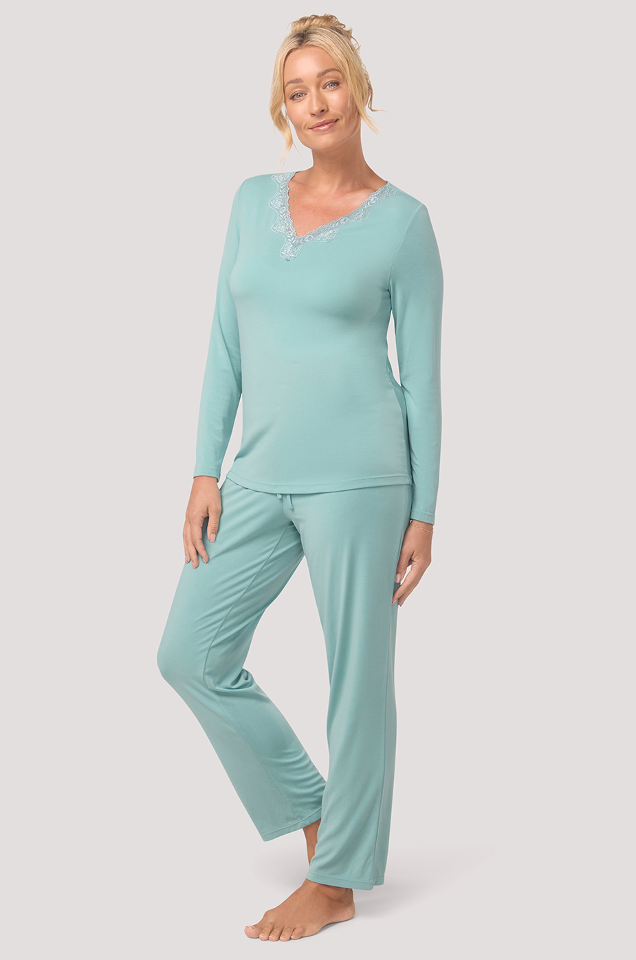 Bella Bodies long sleeve silk-touch pyjama top Sea Jade lace trim, long pyjama pants. Lenzing Modal and Silk