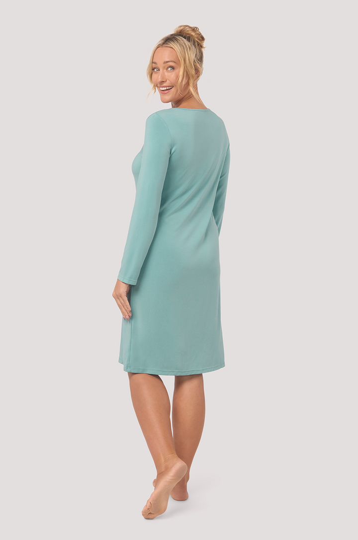Bella Bodies Sea Jade Long Sleeve Silk Touch Nightie Lace Trim Luxurious Fabric Lenzing Modal and Silk