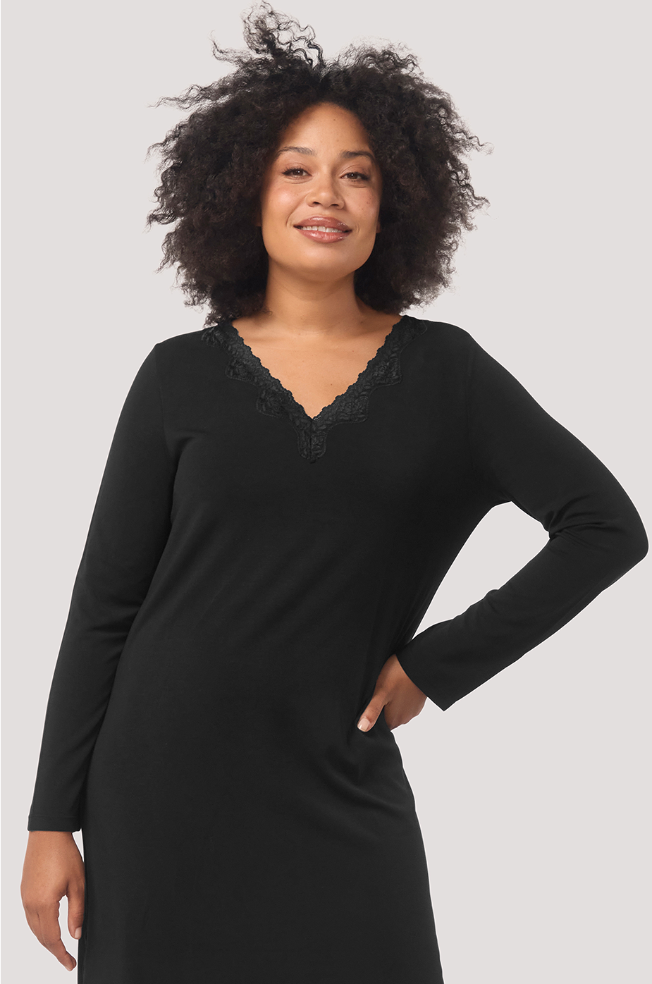 Bella Bodies Black Long Sleeve Silk Touch Nightie Lace Trim Luxurious Fabric Lenzing Modal Silk