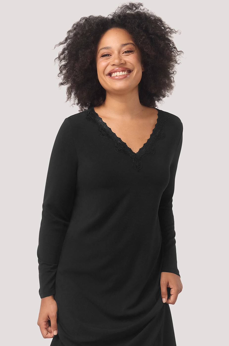 Bella Bodies Black Long Sleeve Silk Touch Nightie Lace Trim Luxurious Fabric Lenzing Modal and Silk