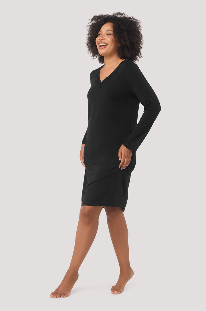 Bella Bodies Black Long Sleeve Silk Touch Nightie Lace Trim Luxurious Fabric Lenzing Modal and Silk