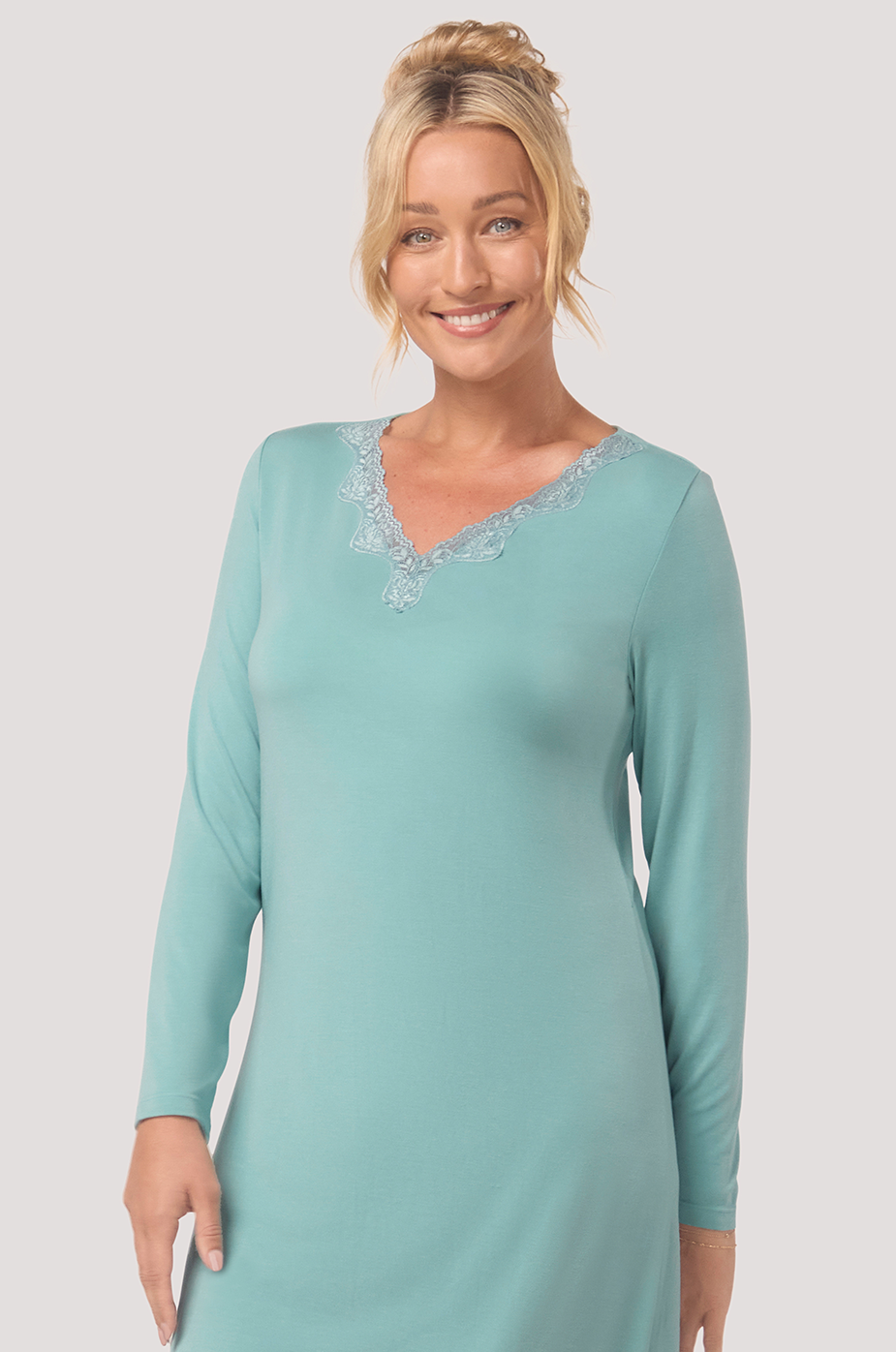Bella Bodies Sea Jade Long Sleeve Silk Touch Nightie Lace Trim Luxurious Fabric Lenzing Modal Silk