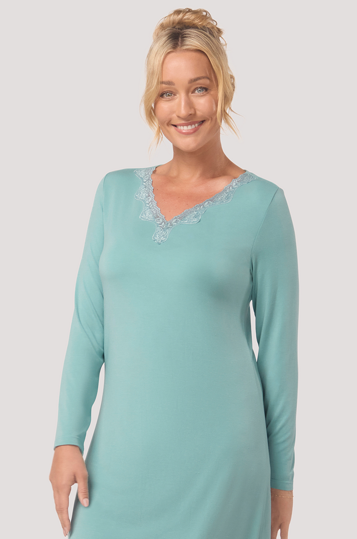 Bella Bodies Sea Jade Long Sleeve Silk Touch Nightie Lace Trim Luxurious Fabric Lenzing Modal Silk