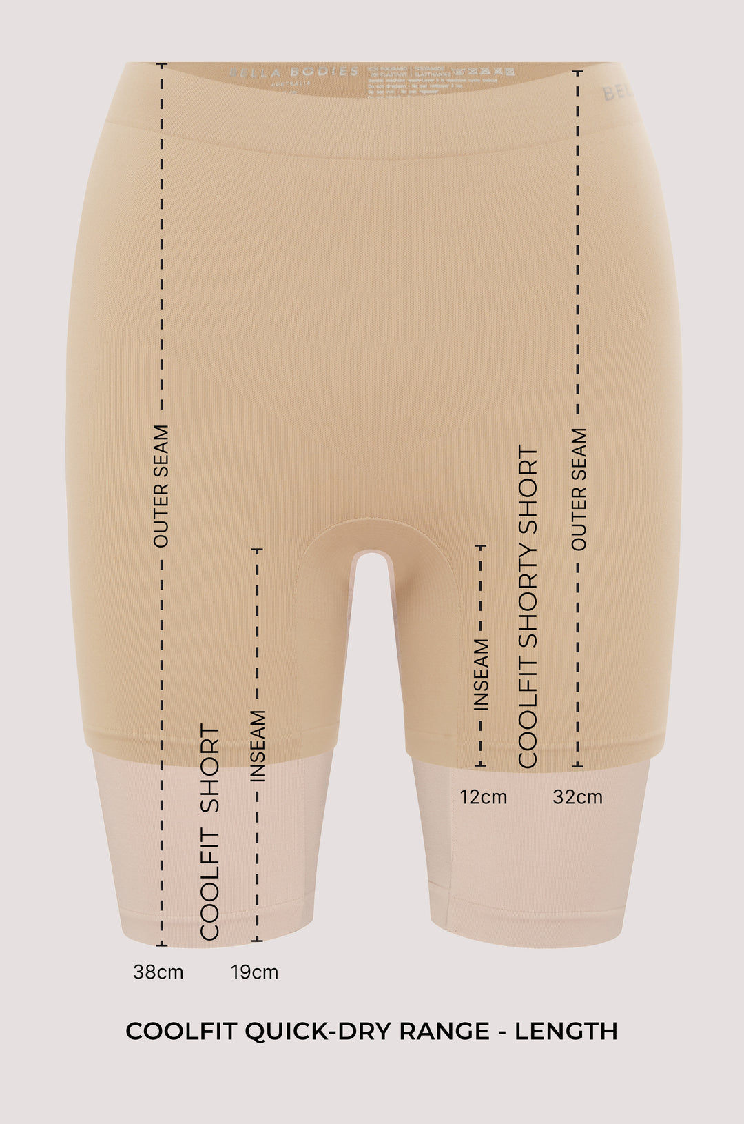 Bella Bodies CoolFit Quick-Dry Anti-Chafing Shorts Range - Length Options Long Outer Seam 38cm x Inseam 19cm, Short Outer Seam 32cm x Inseam 12cm