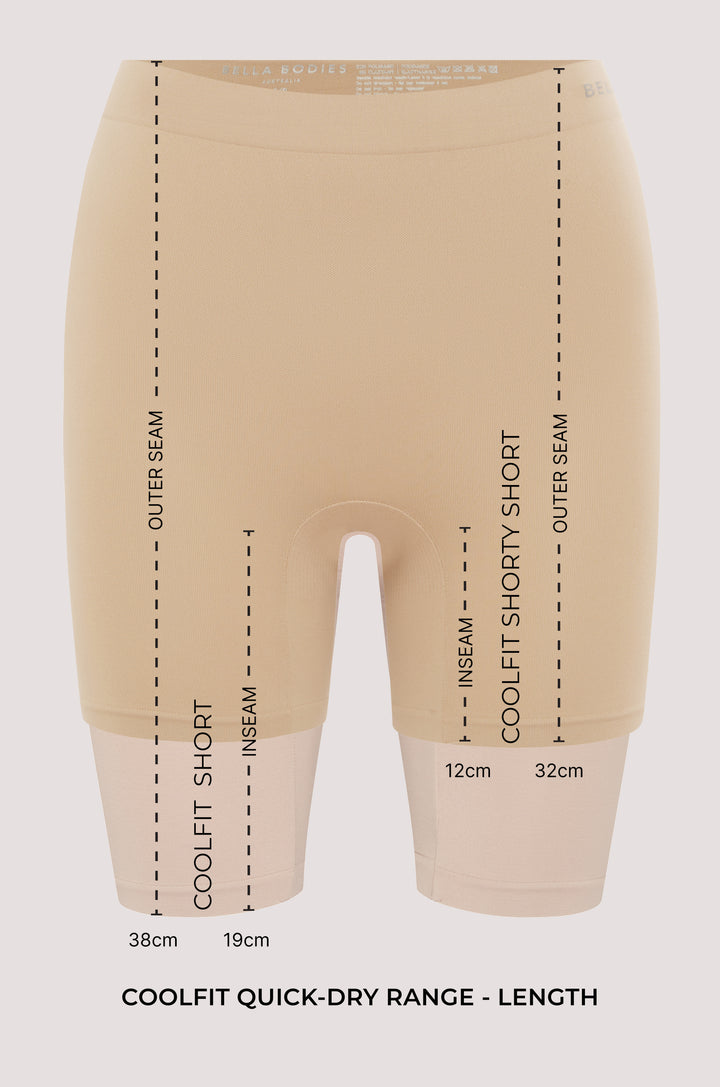 Bella Bodies CoolFit Quick-Dry Anti-Chafing Shorts Range - Length Options Long Outer Seam 38cm x Inseam 19cm, Short Outer Seam 32cm x Inseam 12cm