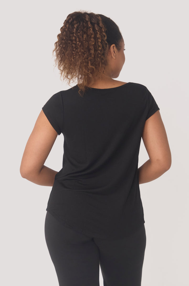 Hues Of The Sea BioLuxe™ cap sleeve swing flowy t-shirt , Black, Navy, Ocean, white.