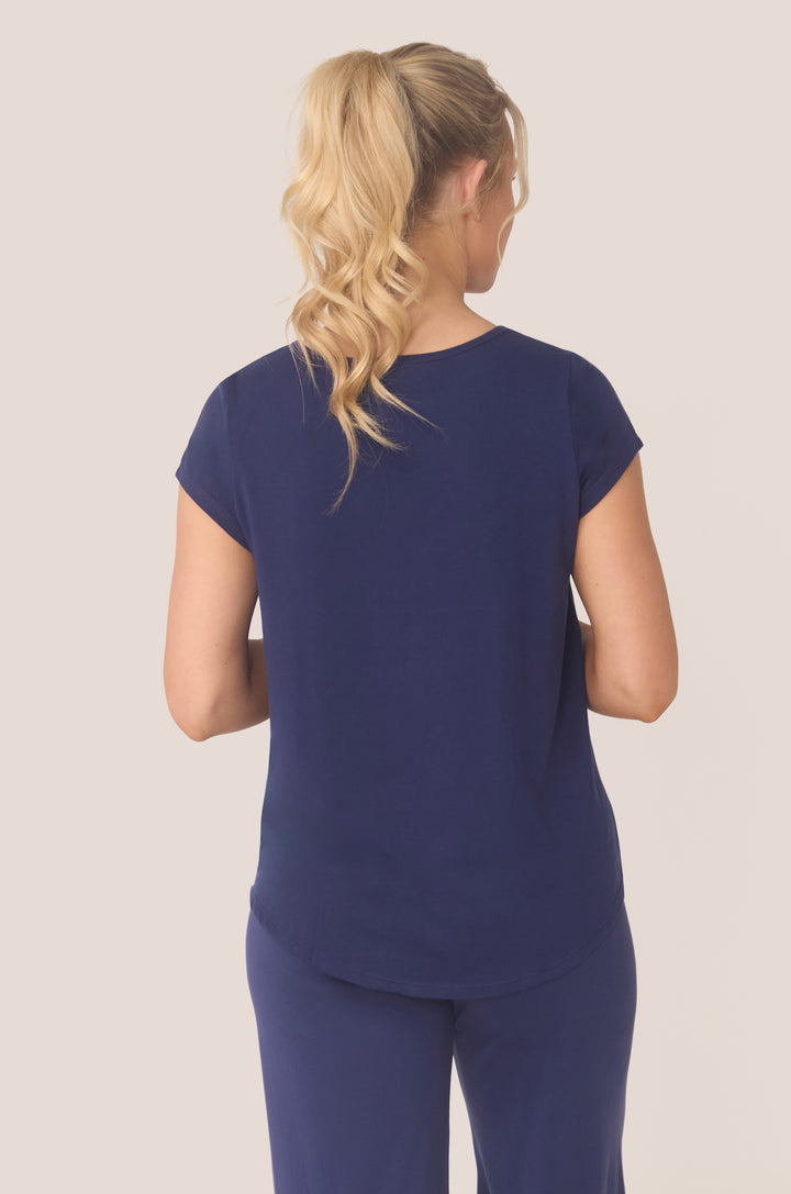 Hues Of The Sea BioLuxe™ cap sleeve swing flowy t-shirt , Black, Navy, Ocean, white.