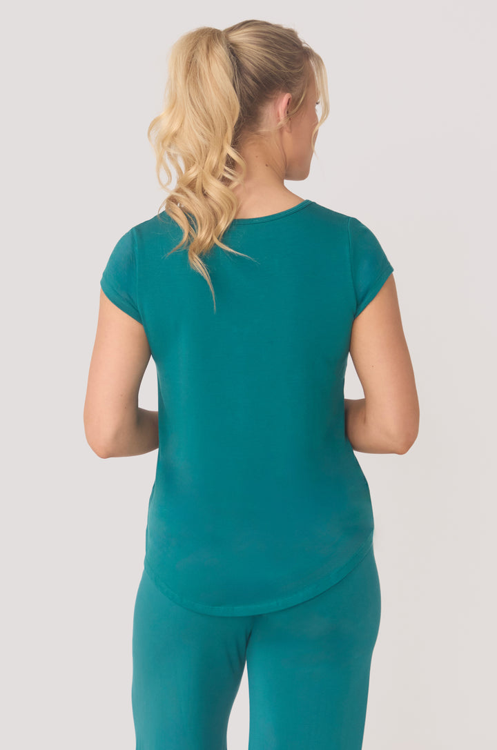 Hues Of The Sea BioLuxe™ cap sleeve swing flowy t-shirt , Black, Navy, Ocean, white.