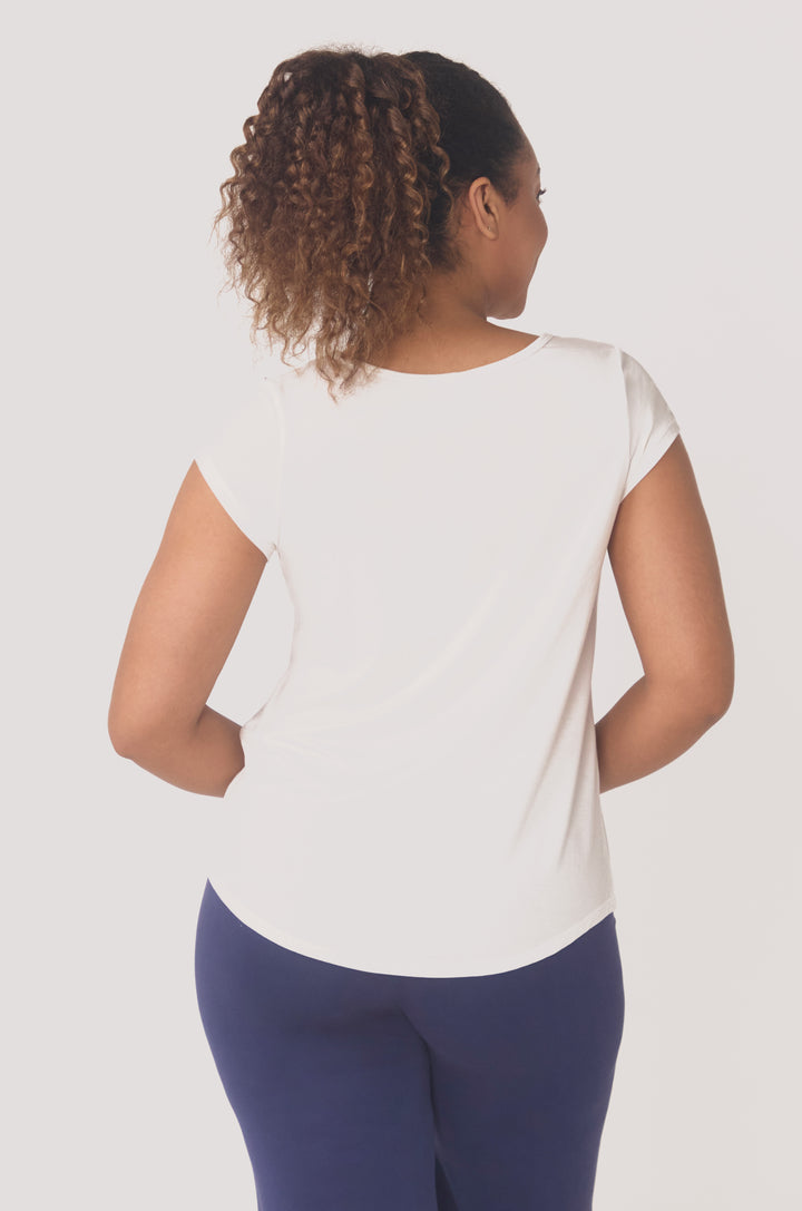 Hues Of The Sea BioLuxe™ cap sleeve swing flowy t-shirt , Black, Navy, Ocean, white.
