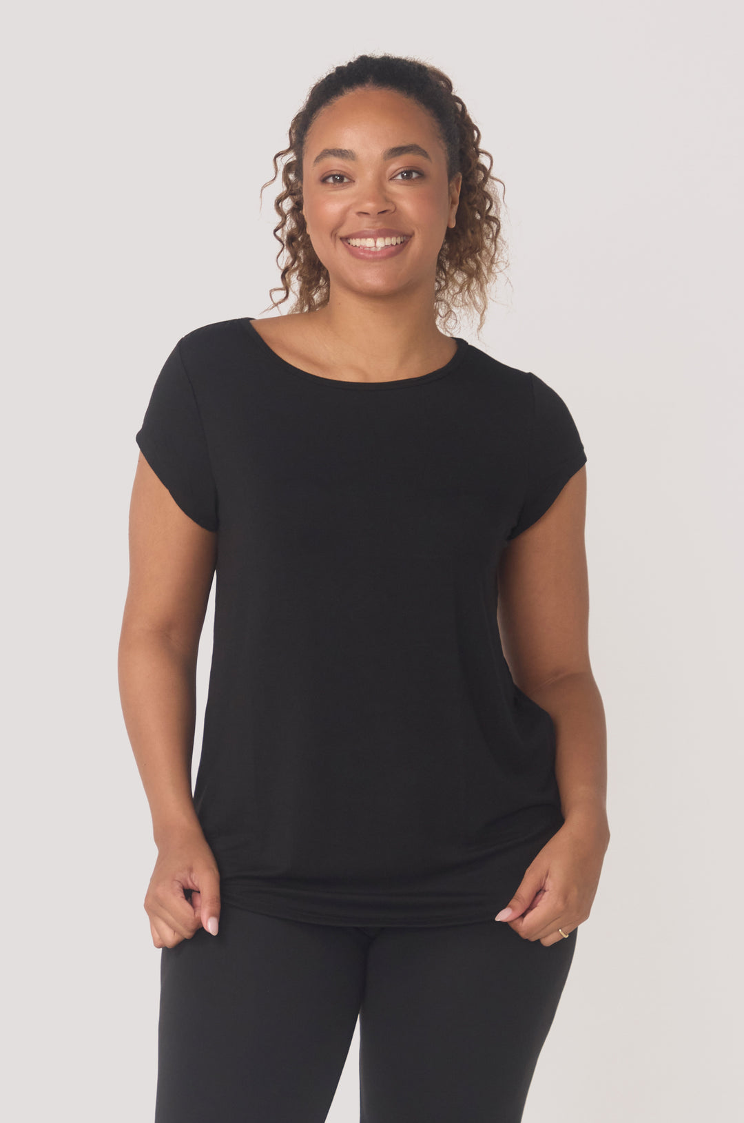 Hues Of The Sea BioLuxe™ cap sleeve swing flowy t-shirt , Black, Navy, Ocean, white.