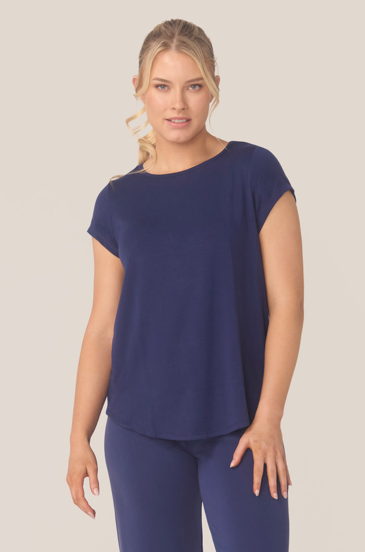Hues Of The Sea BioLuxe™ cap sleeve swing flowy t-shirt , Black, Navy, Ocean, white.