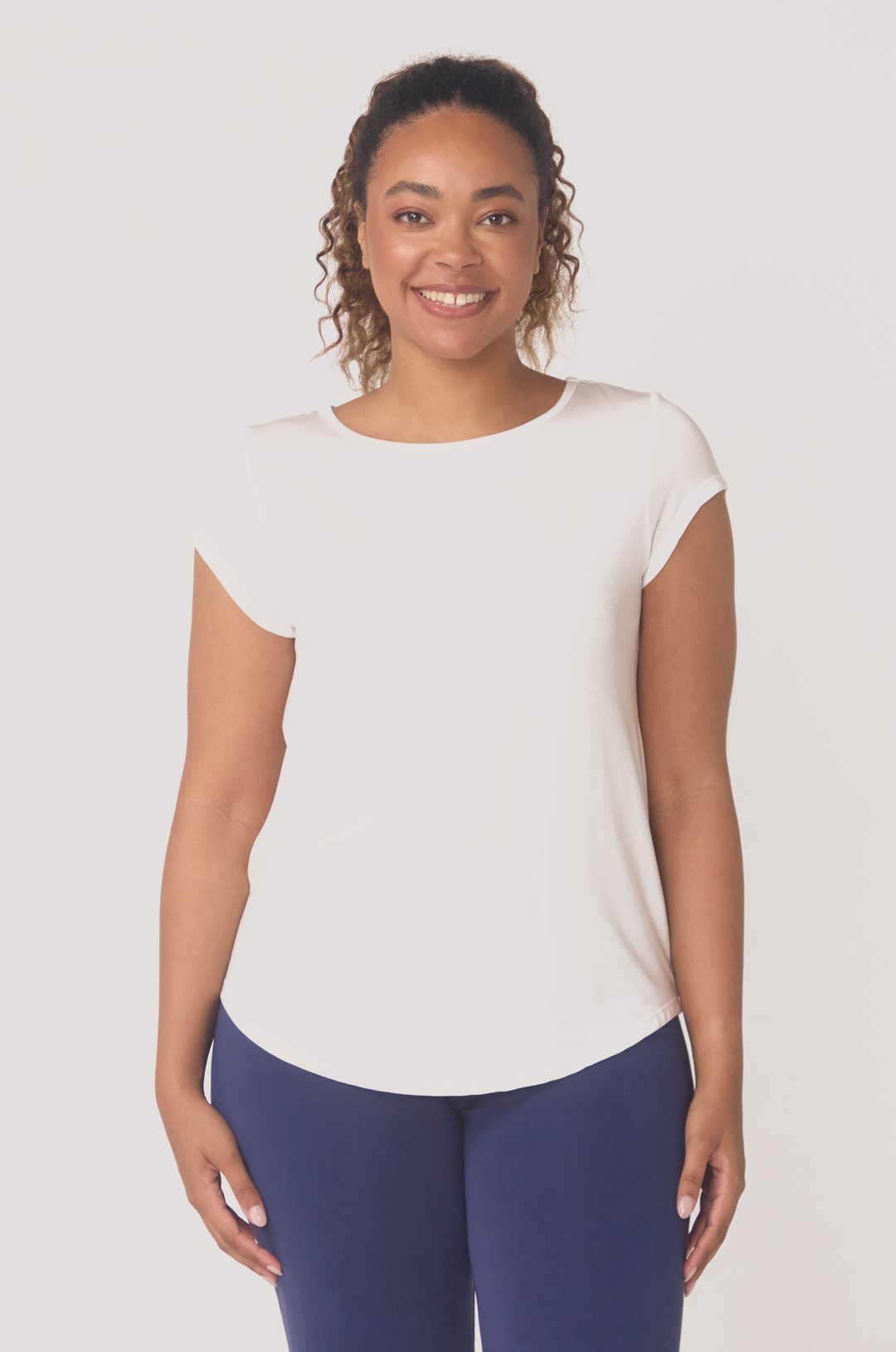 Hues Of The Sea BioLuxe™ cap sleeve swing flowy t-shirt , Black, Navy, Ocean, white.