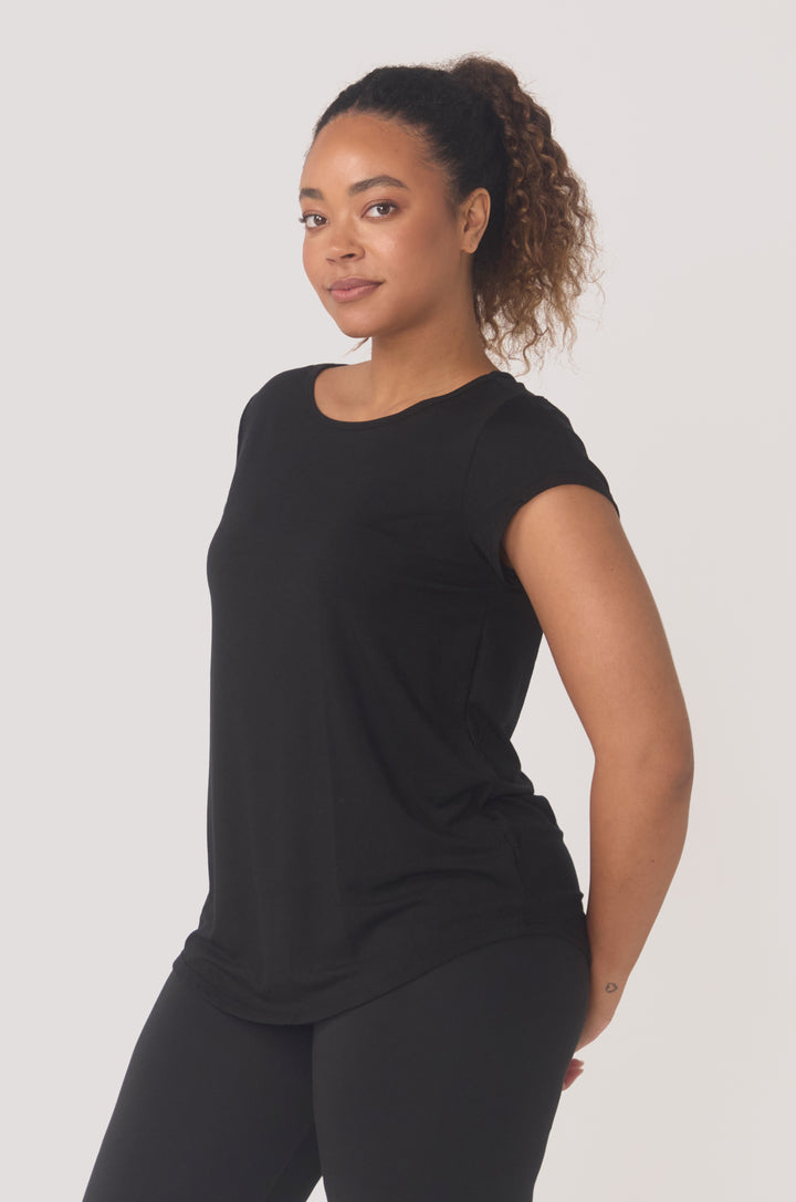 Hues Of The Sea BioLuxe™ cap sleeve swing flowy t-shirt , Black, Navy, Ocean, white.