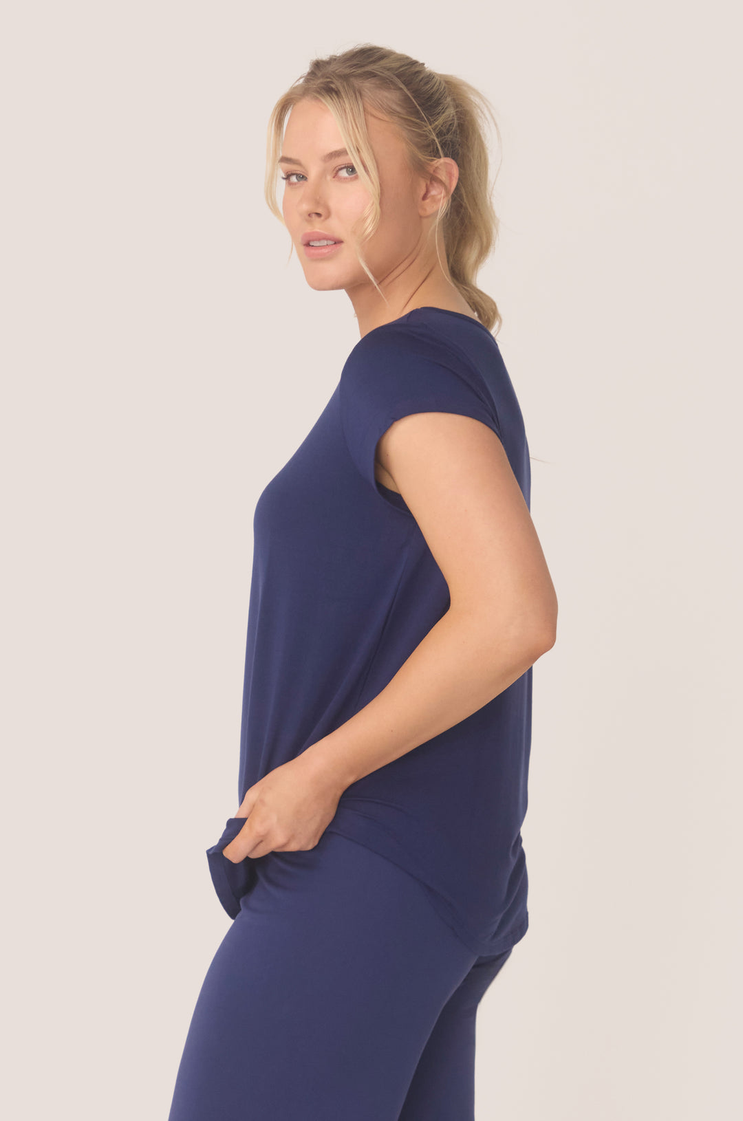 Hues Of The Sea BioLuxe™ cap sleeve swing flowy t-shirt , Black, Navy, Ocean, white.
