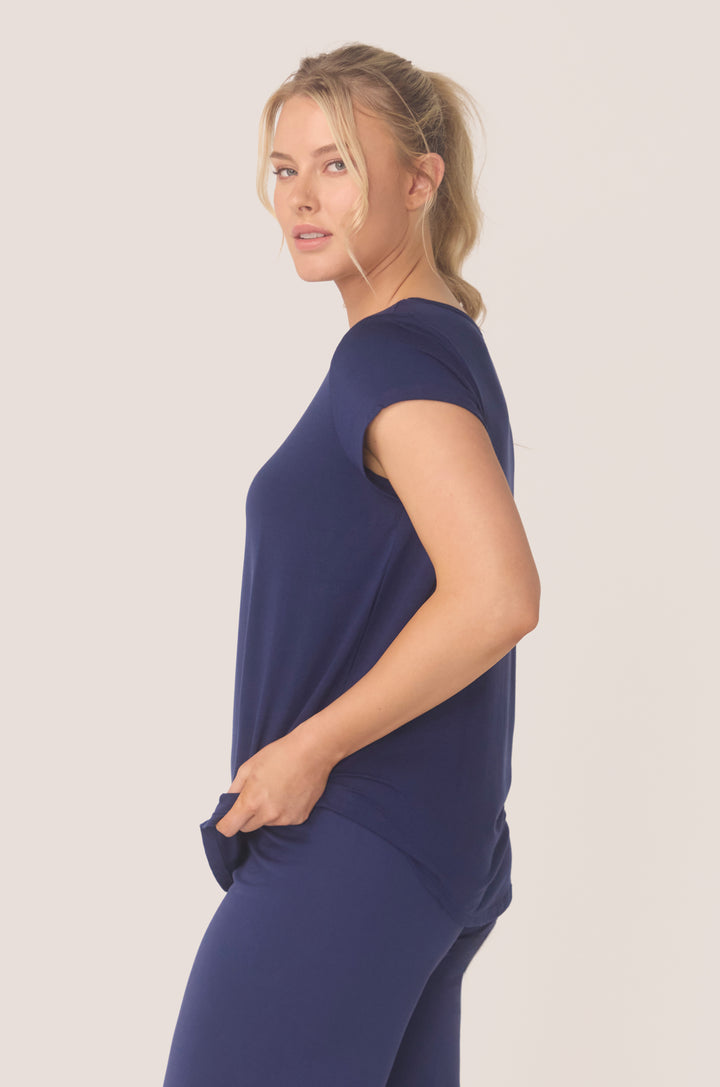 Hues Of The Sea BioLuxe™ cap sleeve swing flowy t-shirt , Black, Navy, Ocean, white.