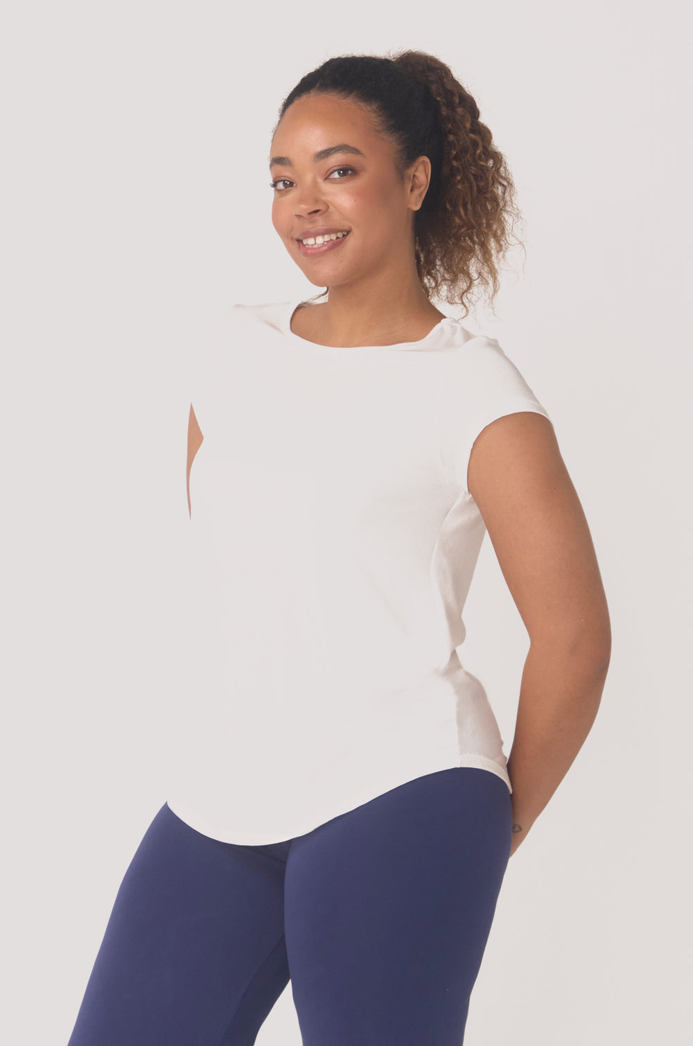 Hues Of The Sea BioLuxe™ cap sleeve swing flowy t-shirt , Black, Navy, Ocean, white.