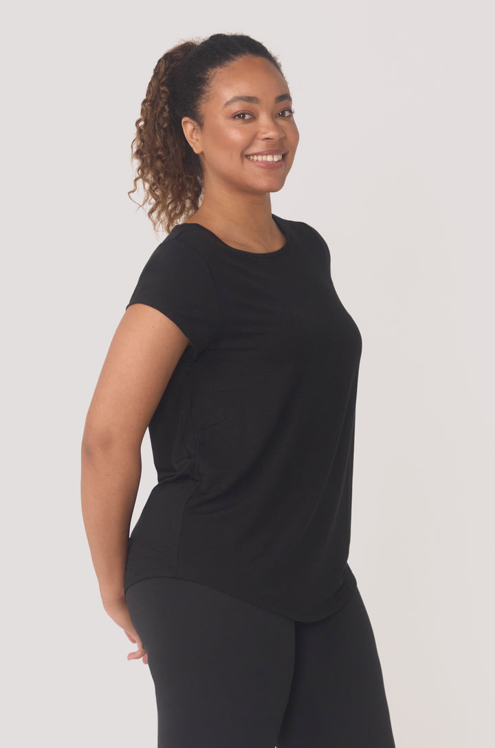 Hues Of The Sea BioLuxe™ cap sleeve swing flowy t-shirt , Black, Navy, Ocean, white.